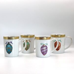 Royal Gallery Mugs Set of 4 White Gold Faberge Egg Vintage 1991 Holiday Dining